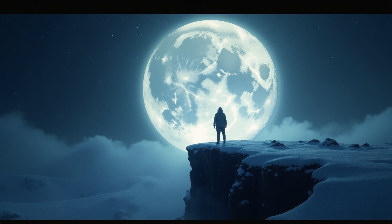 "Create an image of a person standing on the edge of a snow-covered cliff, gazing at a massive, luminous full moon that dominates the night sky. The moon should have intricate details with visible craters and a glowing aura around it. The scene should evoke a sense of awe and solitude, with the person appearing small compared to the grandeur of the moon. The background should feature a dark, starry sky with some clouds adding depth to the scene. The overall atmosphere should be mysterious and serene, highlighting the contrast between the human figure and the cosmic moon