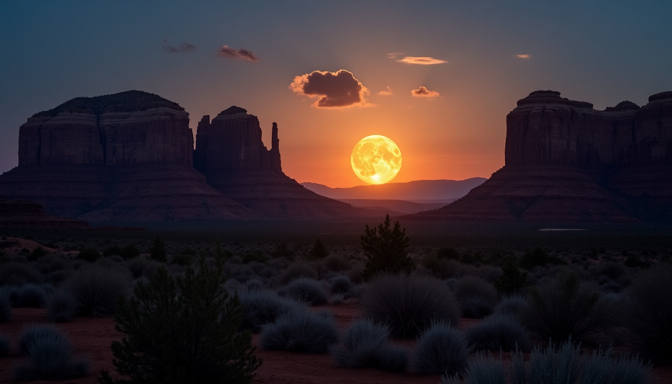 Create a stunning, high-resolution image of a majestic desert landscape at dusk. The focal point should be a large, luminous full moon rising behind towering, red sandstone rock formations, reminiscent of those found in places like Sedona, Arizona. The moon should cast a warm, golden glow over the rugged terrain, enhancing the texture of the rock formations. Include a few scattered clouds in the sky to add depth and drama to the scene. Ensure the foreground is rich with desert vegetation, creating a contrast between the dark silhouettes of the plants and the illuminated rocks. The overall mood should be serene yet powerful, capturing the beauty and mystery of the desert night.