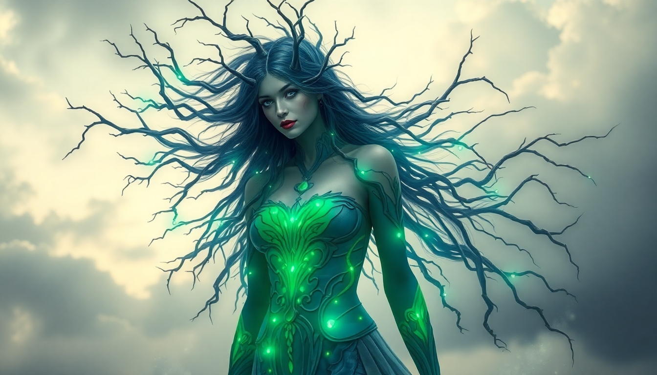 A mystical woman with flowing hair adorned with branch-like ... - Flux ...