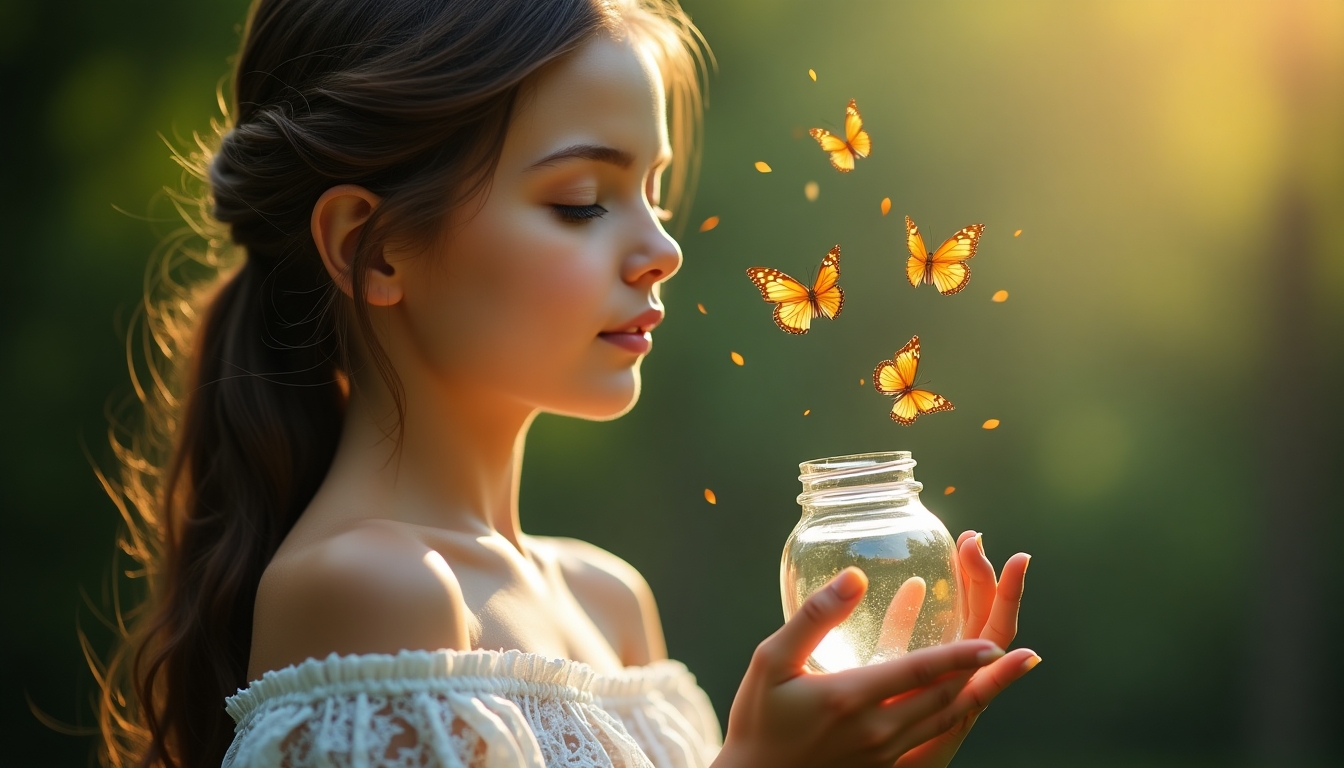 Witness the captivating scene of a young woman gently releasing butterflies from a glass vase, symbolizing freedom, transformation, and the beauty of nature. The soft, ethereal lighting enhances the magical atmosphere