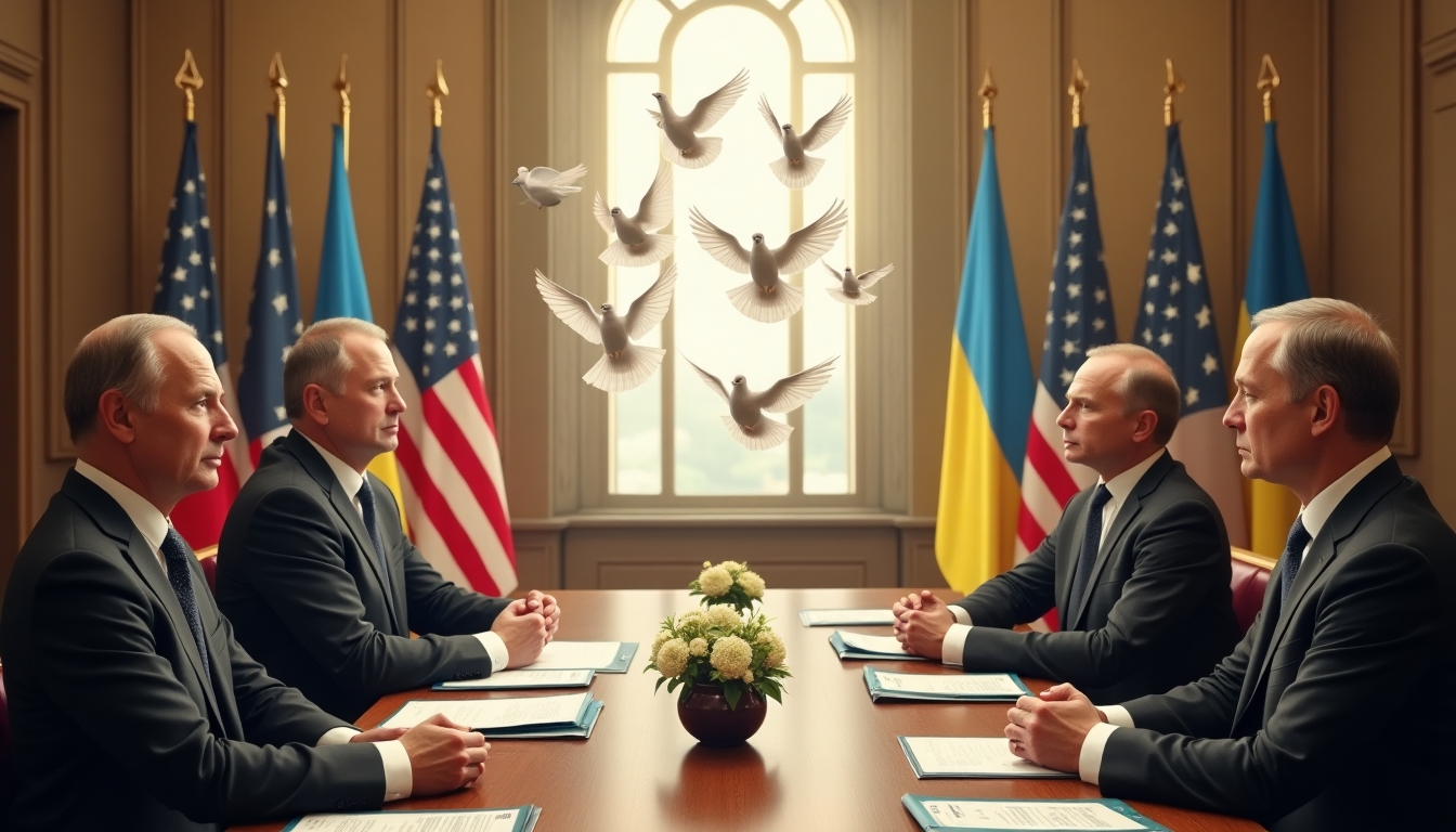 Create a symbolic representation of the Russia-Ukraine peace talks without depicting any persons. The scene should be set in a grand, neutral European hall, symbolizing the international nature of the negotiations. In the center, depict a release of doves, representing peace and hope. Surround the scene with the flags of the U.S., Russia, and Ukraine, indicating the involvement of these nations in the peace process. In the background, include subtle elements like maps of contested regions and ceasefire lines to symbolize the geopolitical tension and the complexity of the situation. The overall atmosphere should convey a sense of diplomacy, tension, and the aspiration for peace.