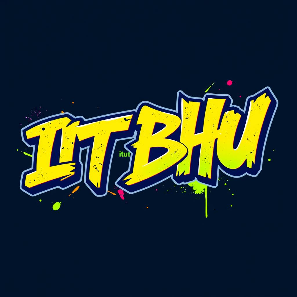 
Create a graffiti-style design with "IIT BHU" in bold, dynamic lettering. The text should be vibrant and edgy, incorporating sharp angles and flowing curves, giving it an urban street art vibe. Use a combination of bright, energetic colors like neon greens, blues, and oranges with spray paint-like textures to add depth and energy to the letters. Add subtle splatter effects and shadowing around the text for a raw, artistic feel. The design should have an urban, rebellious flair while maintaining a clean, legible appearance for "IIT BHU". it should have a non serious funky look.