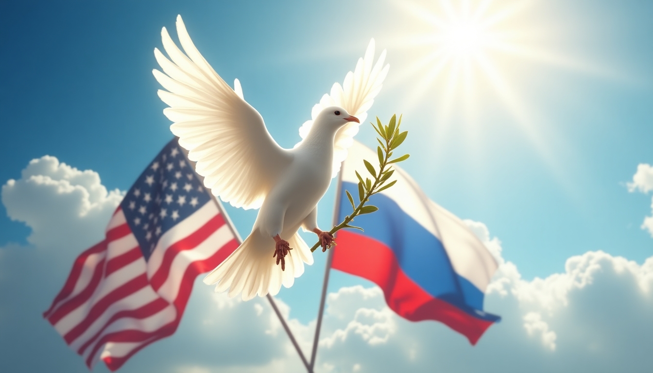 Create an impactful image that symbolizes peace talks between USA and Russia, using the provided image as inspiration. The image should feature a majestic white dove holding an olive branch, soaring above the intertwined flags of USA and Russia. Enhance the background with a vibrant, clear sky with rays of sunlight breaking through the clouds, symbolizing hope and a new beginning. Ensure the dove is illuminated with a soft, divine light, highlighting its role as a peace messenger. The flags should have a gentle, unifying glow, emphasizing the potential for harmony. The composition should be dynamic, with the dove's wings spread wide, capturing the essence of freedom and peace.