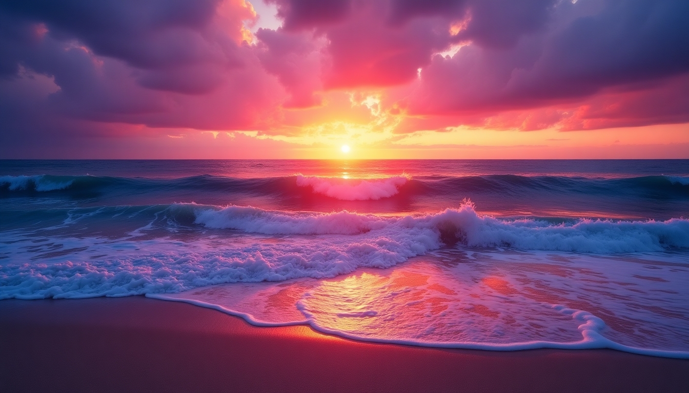 
"Create a stunning and vibrant image of a beach at sunset with a dramatic sky. The sky should transition from deep purple at the top to a fiery orange near the horizon, with the sun setting over the ocean. The ocean should reflect these colors, with waves gently rolling onto the shore. The waves should have a mix of deep blues, purples, and pinks, creating a surreal and magical atmosphere. Ensure the image captures the serene yet powerful essence of nature at this time of day. Add subtle details like the texture of the sand, the foam of the waves, and the slight movement of the water to enhance realism. Make sure the overall composition is balanced and visually striking.