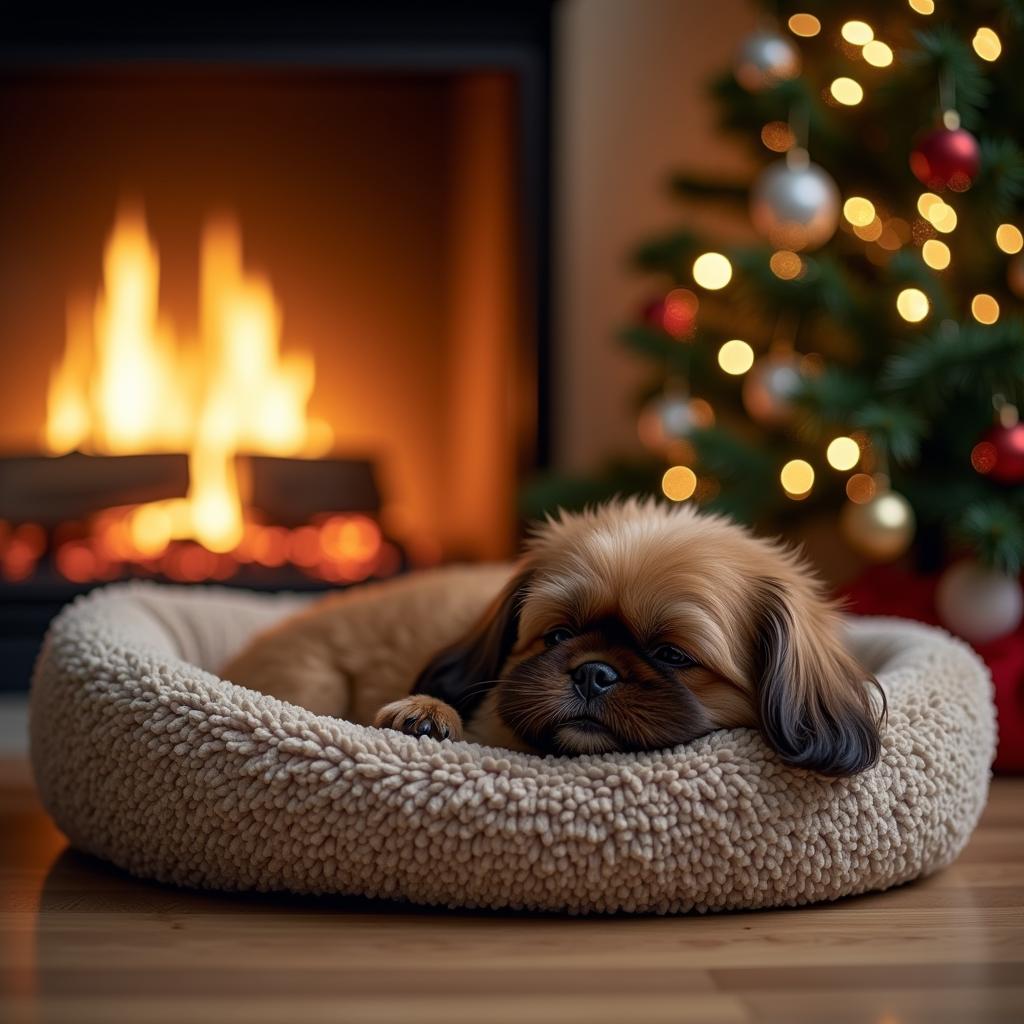 A fluffy brown shih tzu sleeping in a dog bed in front of a fireplace, with a Christmas tree on the side