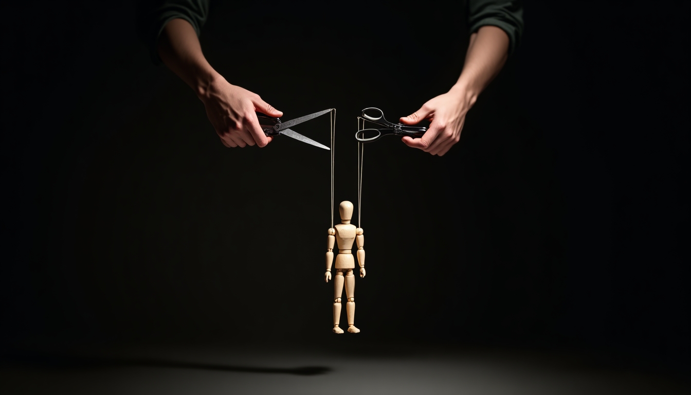 Create an image that metaphorically represents the fragility of control and dependency. Show a pair of hands, one holding a pair of scissors and the other holding three strings attached to a wooden puppet. The puppet should look distressed as if it's about to lose support. Use dramatic lighting to emphasize the tension and the imminent cut of the strings. The background should be dark to enhance the focus on the action.