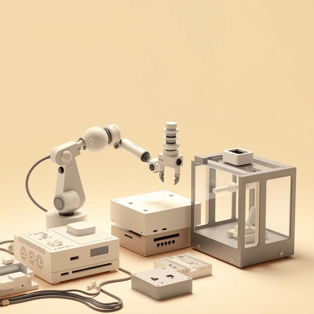 3d shape assembly line render, for electronics with robotic arm and 3d printer. monochrome, light beige / tan background 