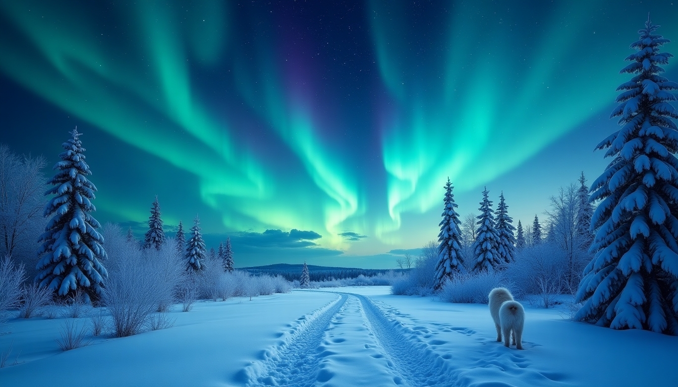  Create a mesmerizing winter night scene with a winding snow-covered path leading into the distance. A lone white dog walks along the path, adding a sense of adventure and solitude. Above, the sky is illuminated with vibrant, swirling auroras in shades of blue and green, casting a magical glow over the frosty landscape. Snow-covered trees line the path, their branches heavy with fresh snow, while stars twinkle brightly in the clear night sky. The scene should evoke a sense of wonder, tranquility, and the beauty of nature.