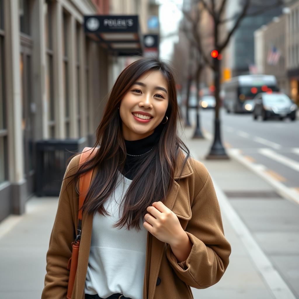 A beautiful Korean woman walks down the street in New York City, smiling and dressed casually.