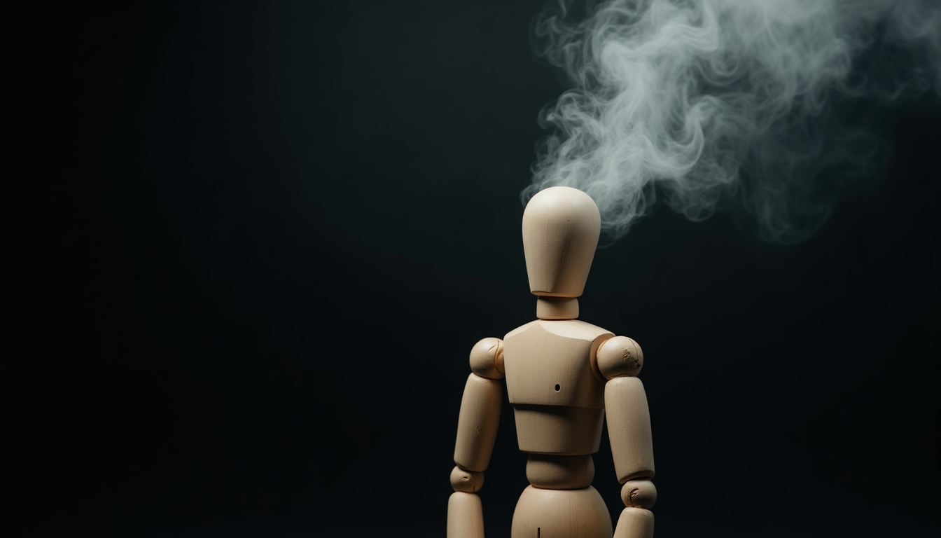  Create a dramatic and thought-provoking image of a wooden mannequin lifting its head off, revealing smoke or mist coming out from within. The background should be dark to highlight the contrast between the mannequin and the mist, adding a sense of mystery and intrigue. The mannequin should be positioned slightly off-center, with a spotlight effect illuminating it from one side to create shadows that enhance the mood. The overall tone should be surreal and artistic, suggesting themes of consciousness, inner thoughts, or the release of ideas.