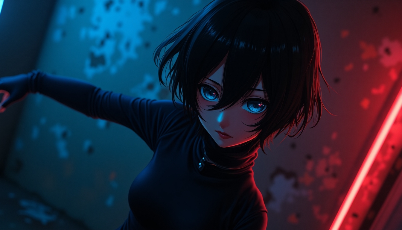 
Create an image of a mysterious anime style woman with short, tousled black hair, bathed in dramatic blue and red neon lighting. Her expression should be enigmatic, with a hint of intensity, as she extends one arm out, creating a dynamic pose. The background should be a gritty, urban setting with peeling paint, enhancing the contrast between her and the environment. The lighting should emphasize her features and create a sense of depth and moodiness.