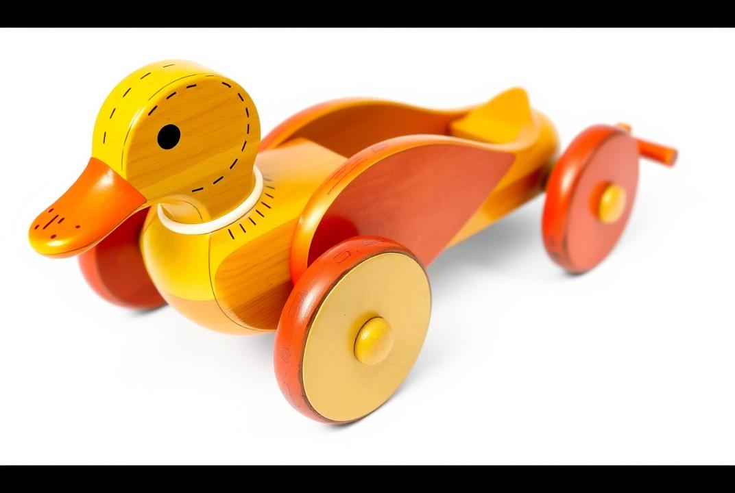  - A classic wooden toy shaped like a duck, featuring wheels that allow it to be pulled along. Painted in bright colors, it introduces toddlers to movement and coordination. ;