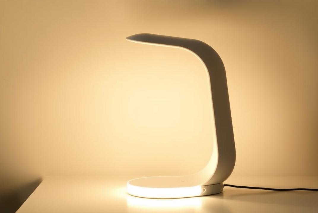  - A sleek, modern lamp with a touch-sensitive base, glowing in warm white light. ;