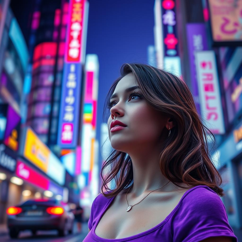 Girl in a purple top in a neon city 