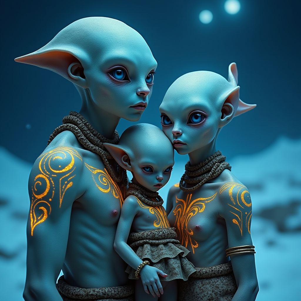 A photorealistic image of a light-skinned, hairless alien family with large, piercing light-blue eyes. The father, mother, and child are adorned in intricate yellow indigenous tattoos and traditional clothing, standing under the intense glowing, biolumenscent, limes, purples, spiral swirls night skies moonlight night in the icey, frozen alien home landscape
