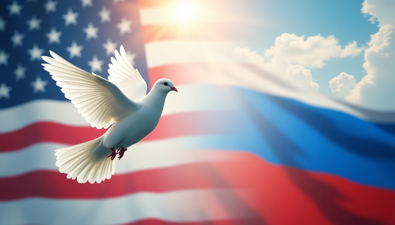 "Design an inspiring image that captures the essence of peace negotiations between the USA and Russia. Inspired by the previous chessboard scene, imagine a majestic white dove with wings outstretched, carrying an olive branch, flying high above a tapestry of the American and Russian flags merged together. Set the scene against a backdrop of a serene, luminous sky where rays of sunlight pierce through dispersing clouds, symbolizing a fresh start and optimism. Let the dove be bathed in a warm, ethereal light, underscoring its significance as a harbinger of peace. The flags should emit a soft, harmonious light, suggesting a shared aspiration for peace. The layout should be lively, with the dove's wings capturing the spirit of liberation and tranquility."