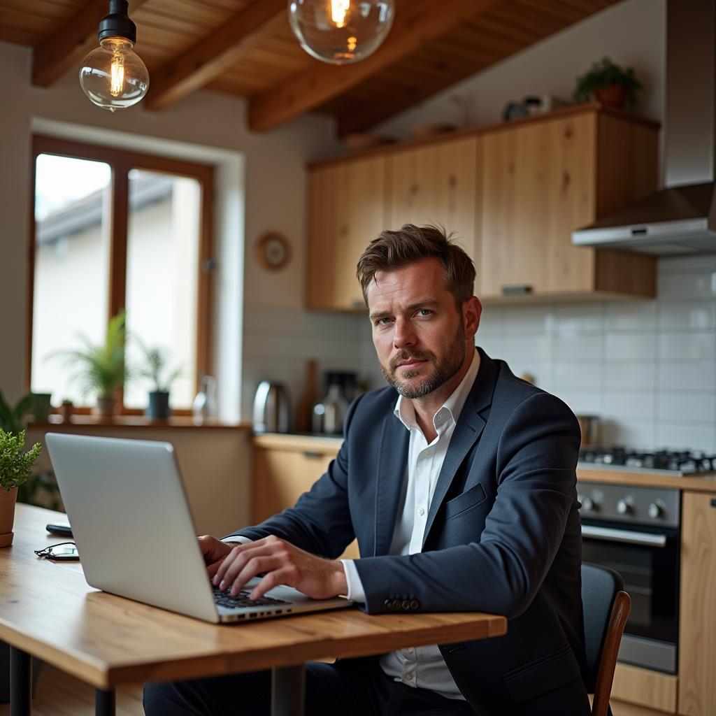 Erstelle ein realistisches Foto von: Ein attraktiver Mann aus Österreich, ca. 35 Jahre alt, sitzt am Esstisch in einer kleinen, gemütlichen Wohnung in Salzburg. Die Wohnung ist im Altbau-Stil und arbeitet an einem Laptop. Der Mann trägt gemütliche Businesskleidung, welche für zuhause geeignet ist. Weitwinkel-Bild, seitlicher Blick auf den Mann, der Mann sitzt mehrere Meter entfernt und ist im ganzen erkennbar. Im Hintergrund sieht man die Küche und ein Fenster mit Blick nach draußen. Ultrarealistisches Photo.
