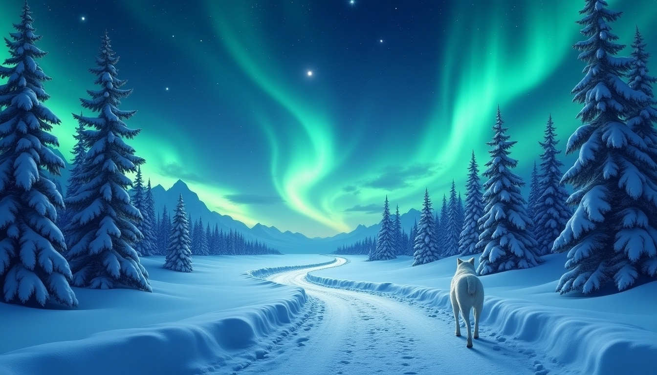  Create a mesmerizing winter night scene with a winding snow-covered path leading into the distance. A lone white dog walks along the path, adding a sense of adventure and solitude. Above, the sky is illuminated with vibrant, swirling auroras in shades of blue and green, casting a magical glow over the frosty landscape. Snow-covered trees line the path, their branches heavy with fresh snow, while stars twinkle brightly in the clear night sky. The scene should evoke a sense of wonder, tranquility, and the beauty of nature.